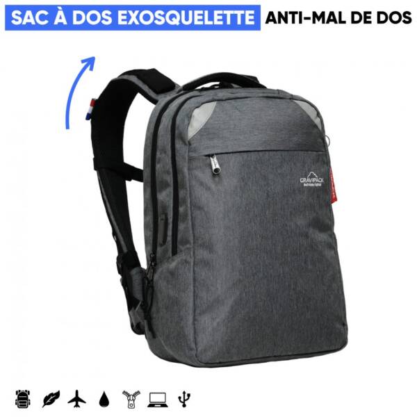 Sac à dos ordinateur City 20L gris avec exosquelette Gravipack anti-mal de dos - Élégance et confort