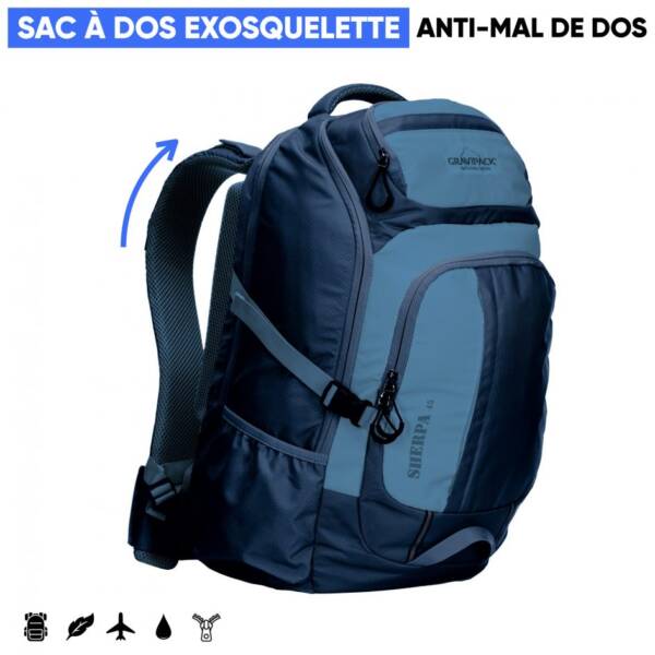 Sac à dos montagne Sherpa 45L bleu avec exosquelette Gravipack anti-mal de dos - L’alliance confort et ergonomie