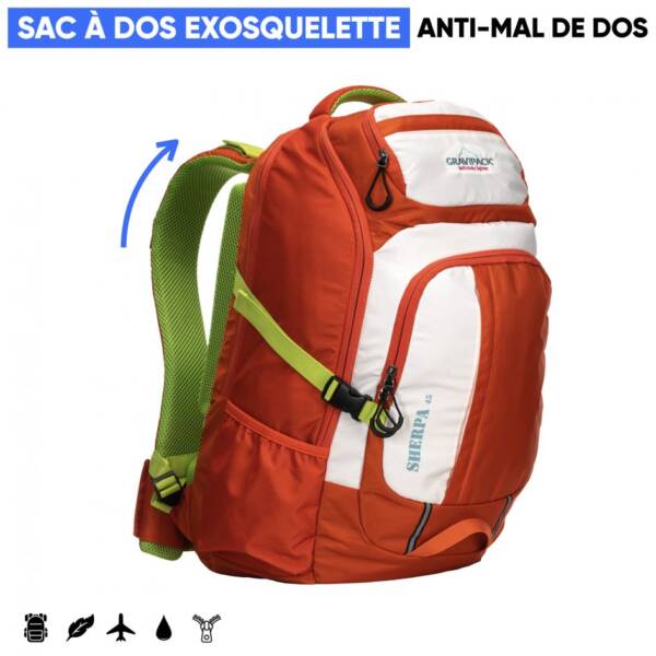 Sac à dos de montagne Sherpa 45L orange avec exosquelette Gravipack anti-mal de dos - Idéal pour la randonnée